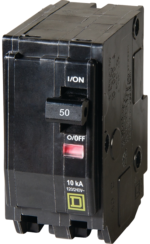 Square D QO250C Miniature Circuit Breaker, 50 A, 2-Pole, 120/240 VAC, 48 VDC, Plug Mounting, Black