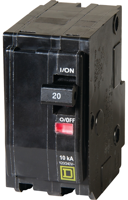 Square D QO220C Miniature Circuit Breaker, 20 A, 2-Pole, 120/240 VAC, 48 VDC, Standard Trip, Plug Mounting, Black