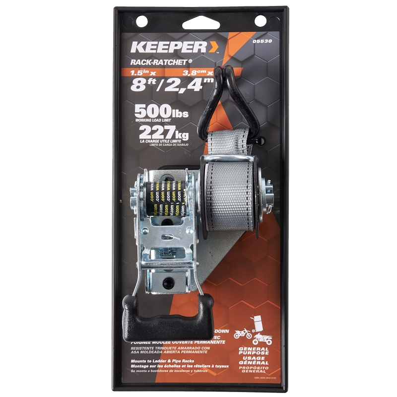 Keeper 05530 Tie-Down, 1-1/2 in W, 8 ft L, Polyester, Black, 500 lb, Double J-Hook End Fitting