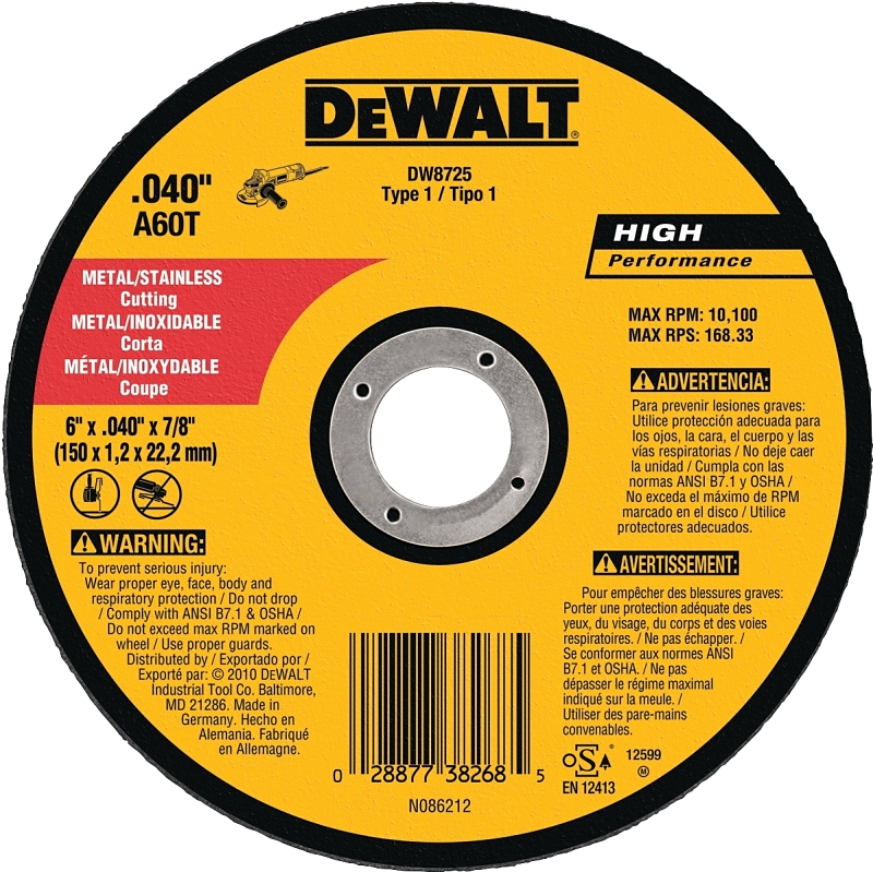 DEWALT HP DW8725 Cut-Off Wheel, 6 in Dia, 0.045 in Thick, 7/8 in Arbor, Very Fine, Aluminum Oxide Abrasive