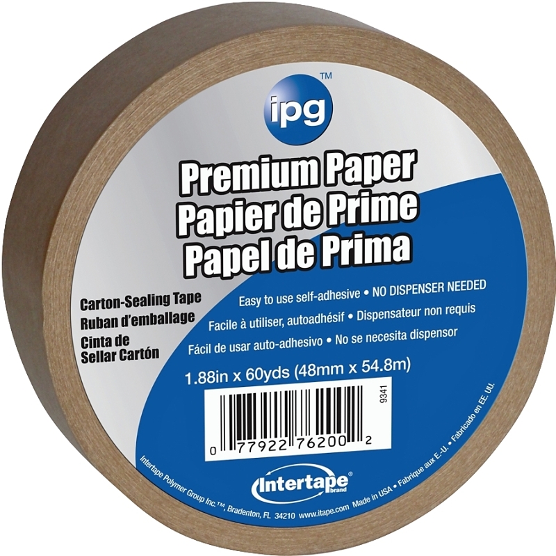 IPG 9341 Packaging Tape, 54.8 m L, 1.88 in W, Paper Backing, Brown