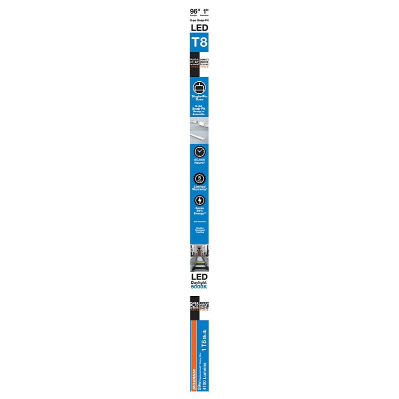 Sylvania 41097 LED Bulb, Linear, Type AB Universal, T8 Lamp, FA8 Single-Pin Lamp Base, Frosted, Daylight Light