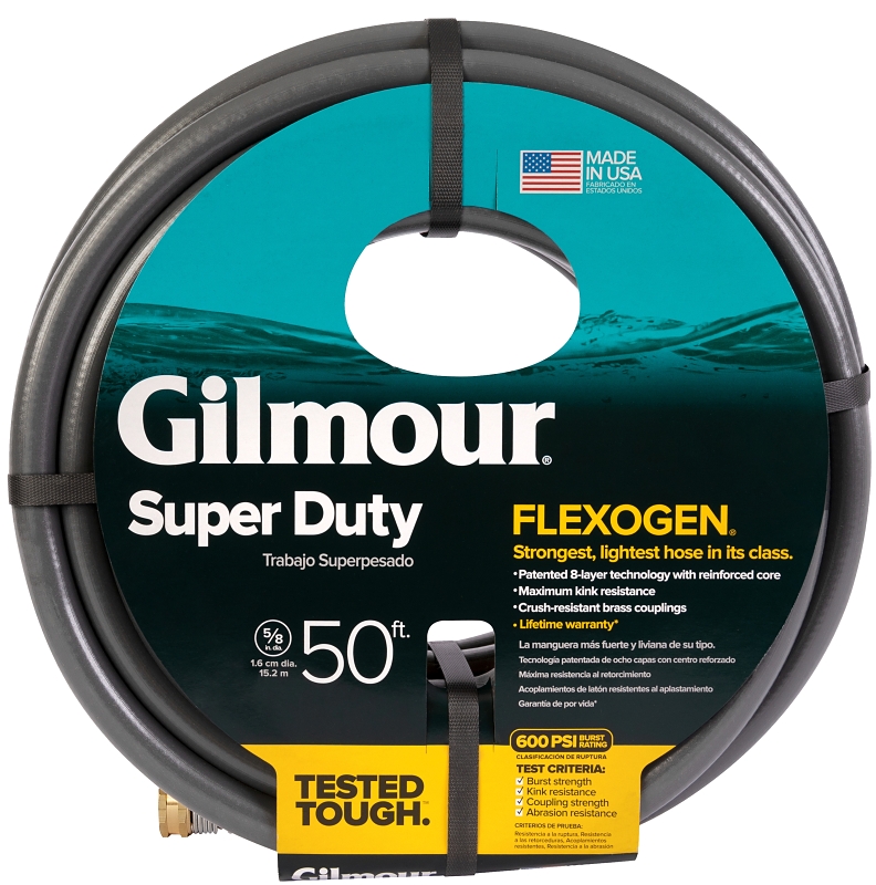 Gilmour Flexogen 874501-1021 Heavy-Duty Garden Hose, 5/8 in, 50 ft L, Brass/PVC, Black