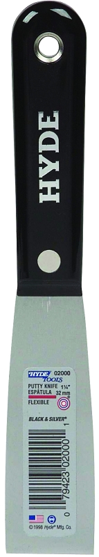 Hyde Black & Silver 02000 Putty Knife, 1-1/4 in W Blade, HCS Blade, Nylon Handle, Interlock/Tapered Handle
