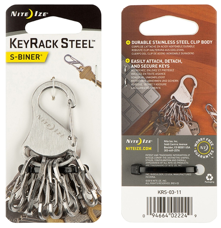 Nite Ize KeyRack Steel S-Biner Series KRS-03-11 Key Rack Carabiner, 3 in OAL, #0.5 Dia Ring, Stainless Steel, Silver