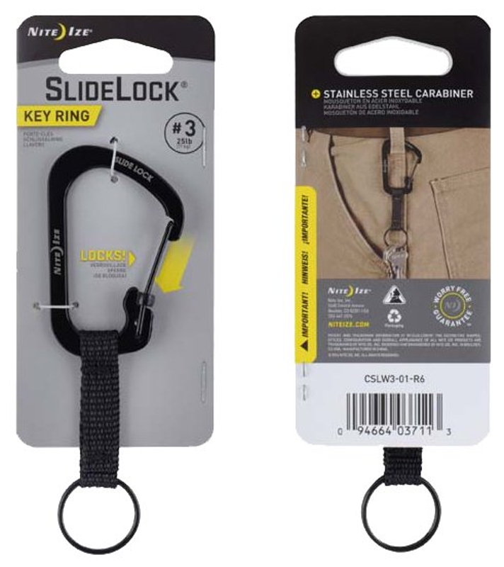 Nite Ize SlideLock Series CSLW3-01-R6 Key Carabiner with Strap and Key Ring, 1-1/2 in OAL, #3 Dia Ring, Stainless Steel
