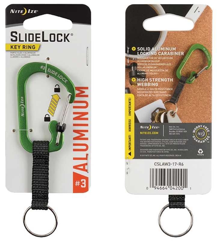 Nite Ize SlideLock Series CSLAW3-17-R6 Key Carabiner with Strap and Key Ring, 111 mm OAL, #3 Dia Ring, Aluminum, Lime