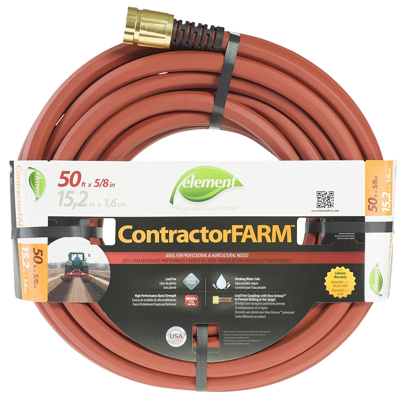 Element ContractorFARM CELCF58050 Heavy-Duty Water Hose, 5/8 in, 50 ft L, Female, Rubber, Red