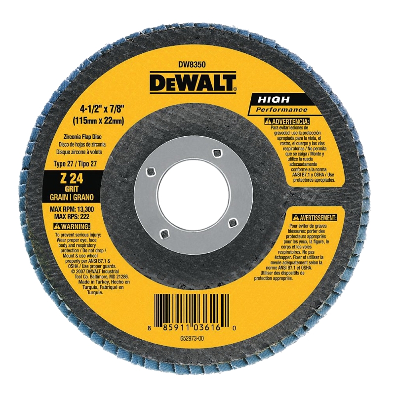 DEWALT HP DW8356 Flap Disc, 4-1/2 in Dia, 5/8-11 Arbor, 40 Grit, Coarse, Zirconia Abrasive, Fiberglass Backing