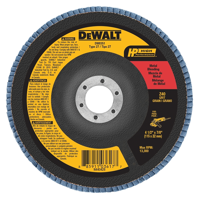 DEWALT HP DW8351 Flap Disc, 4-1/2 in Dia, 7/8 in Arbor, 40 Grit, Coarse, Zirconia Abrasive, Fiberglass Backing