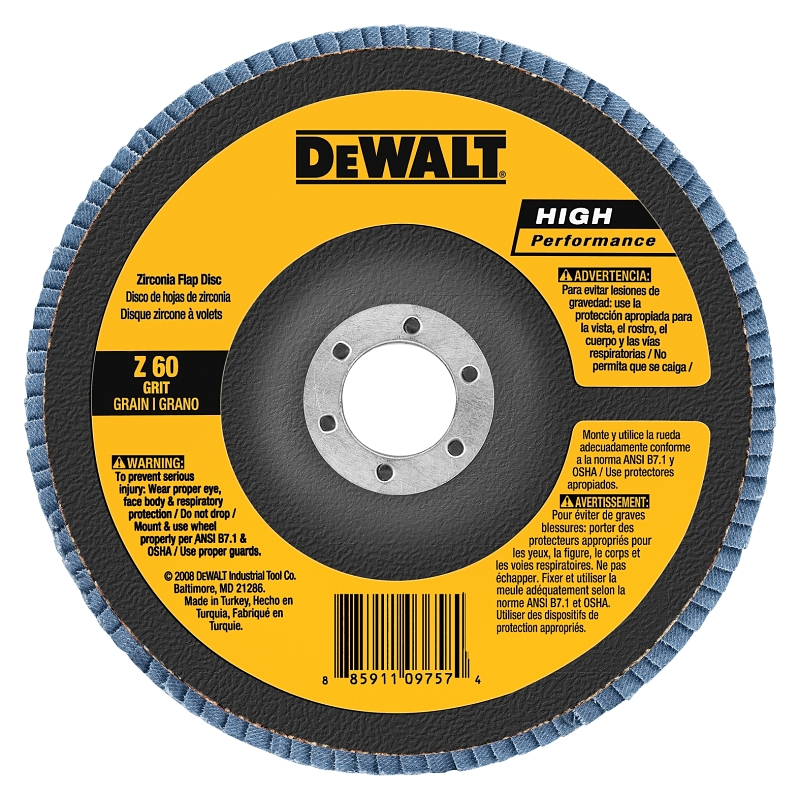 DEWALT HP DW8352 Flap Disc, 4-1/2 in Dia, 7/8 in Arbor, 60 Grit, Medium, Zirconium Oxide Abrasive, Fiberglass Backing