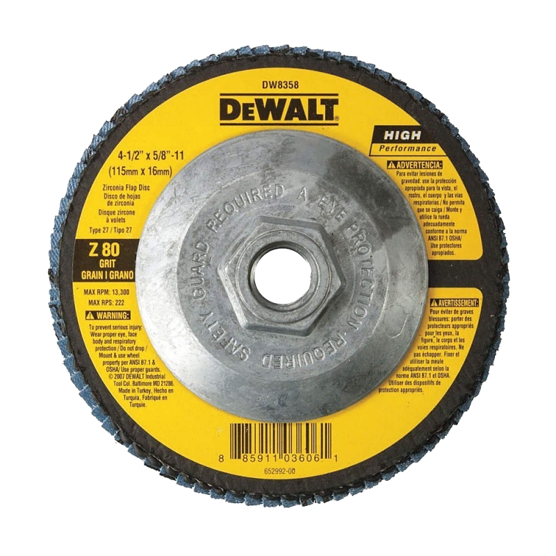DEWALT HP DW8358 Flap Disc, 4-1/2 in Dia, 5/8-11 Arbor, 80 Grit, Medium, Zirconia Abrasive, Fiberglass Backing
