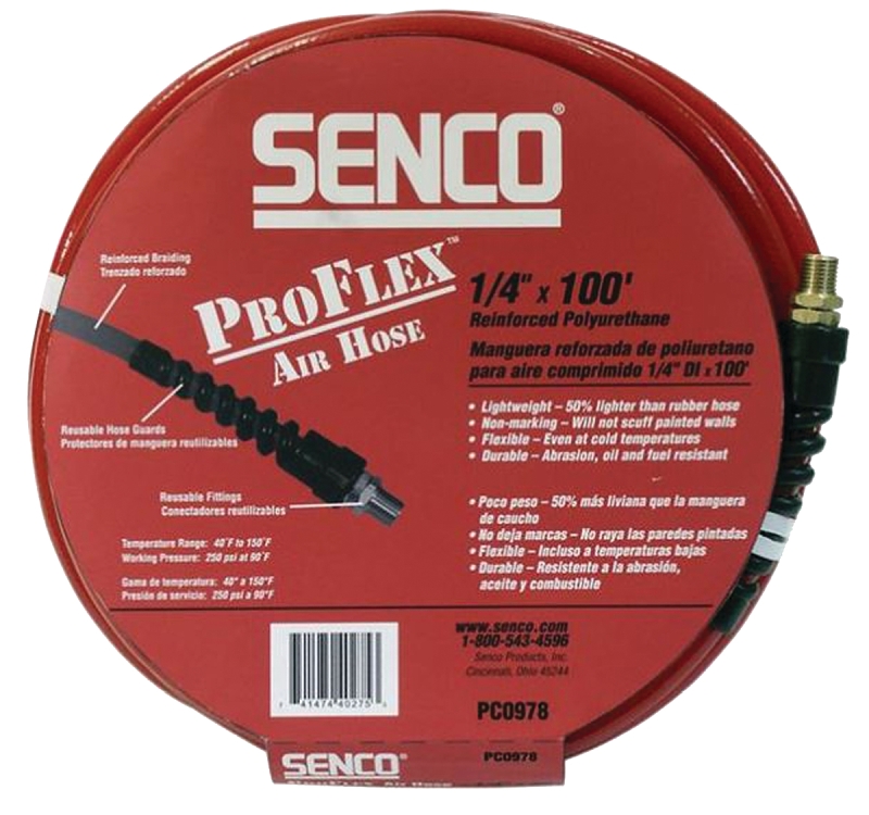 Senco PC0978 Air Hose, 1/4 in OD, 100 ft L, FPT, 250 psi Pressure, Polyurethane, Red