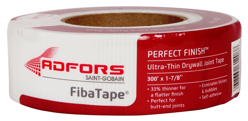 Adfors FibaTape Perfect Finish FDW8654-U Ultra-Thin Drywall Tape, 300 ft L, 1-7/8 in W, 0.14 mm Thick, White, Pack of 12