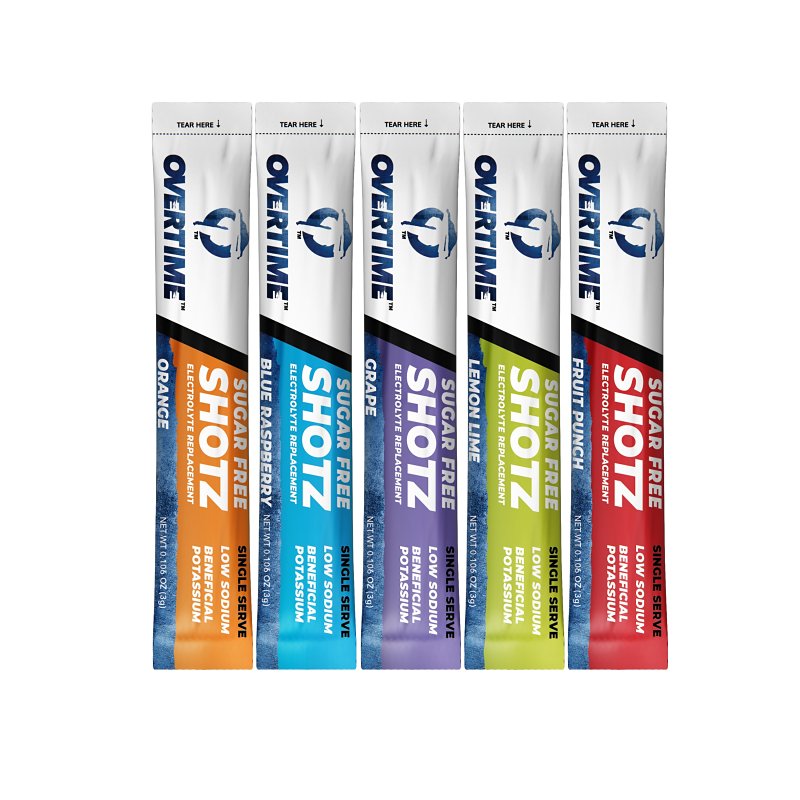 Overtime 55-SINGLESERVE Shotz Variety Pack, Fruit Punch, Grape, Lemon-Lime, Orange, Raspberry Blue, 200 g