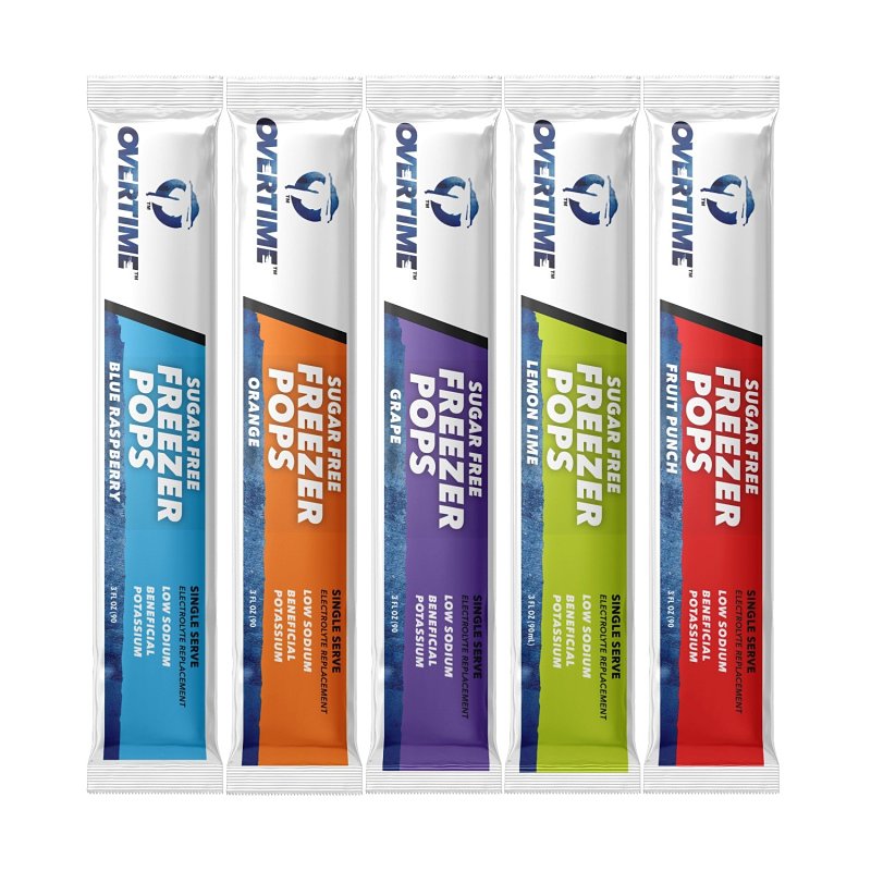Overtime 50-FREEZERPOPS Freezer Pops Variety Pack, Fruit Punch, Grape, Lemon-Lime, Orange, Raspberry Blue, 3 oz