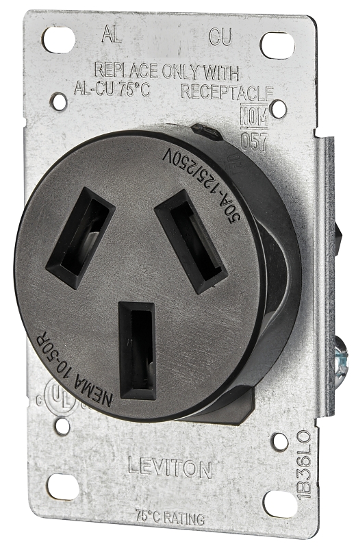 Leviton R20-05206-S10 Electrical Receptacle, Flush Mounting, 3-Pole, 125/250 V, 50 A, NEMA: NEMA 10-50R, Black