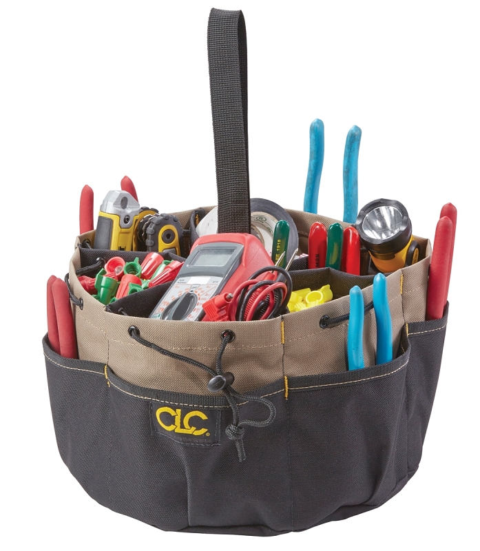 CLC TOOL WORKS 1148 Bucket Tool Bag, 10 in W, 7 in H, 22-Pocket, Polyester, Black/Tan