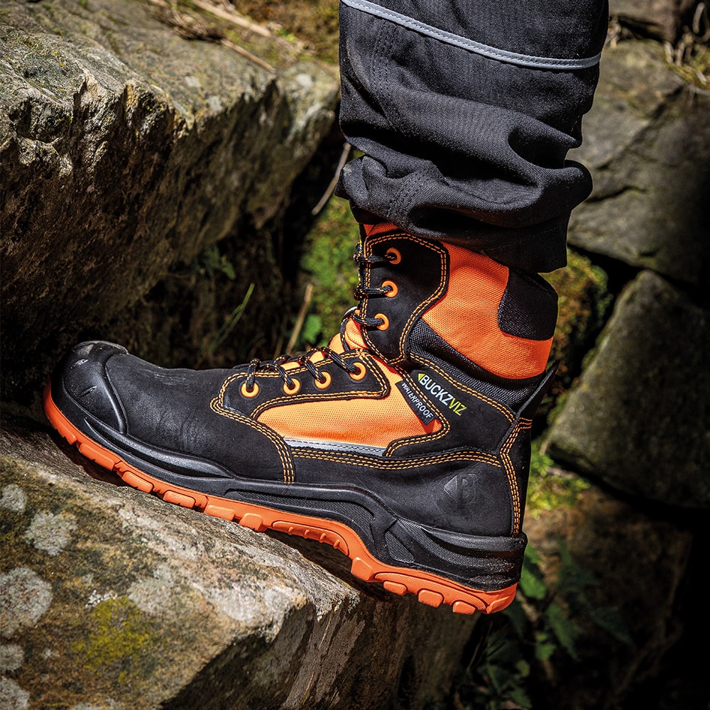 Buckbootz Metal Free Waterproof Safety Boots Black Hi Vis Orange BVIZ1OR BK