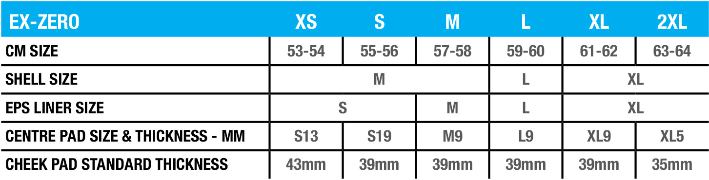 Shoei ex store zero size chart