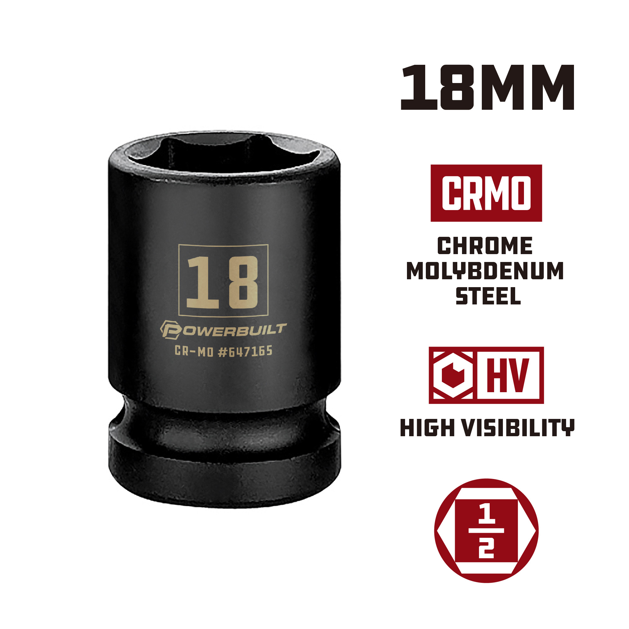 Dado De Impacto Powerbuilt 1/2" X 18mm 6 Puntos | Acero Cromo Molibdeno Para Llaves De Impacto