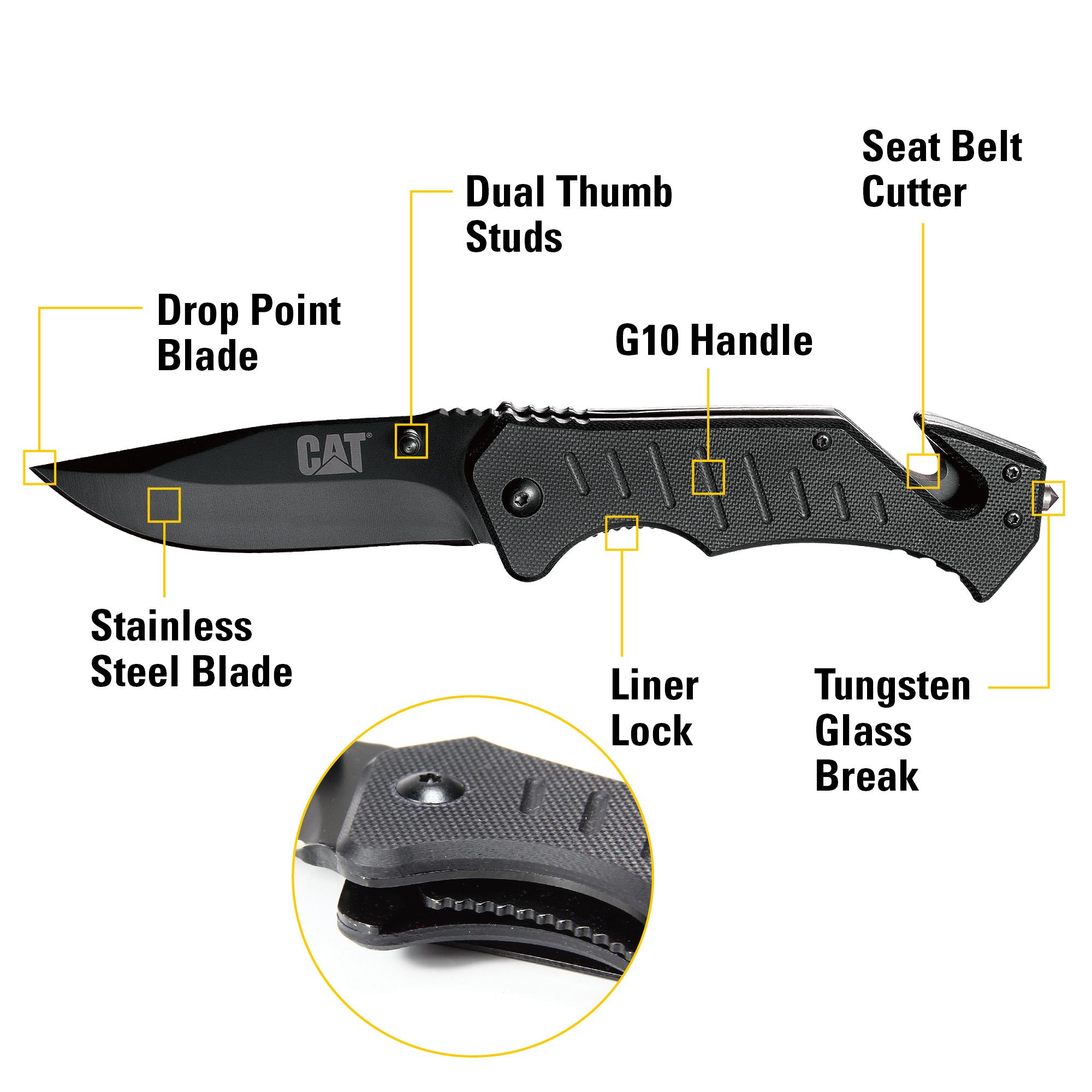 Cat 8 Inch Folding Knife with Seat Belt Cutter and Glass