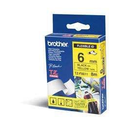 Brother TZEFX611 Black on Yellow 8M x 6mm Flexi Tape