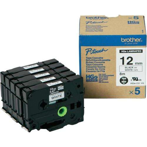Brother HGE231V5 Black on White 12mm 8M x 12mm High Grade Tape 5 pack