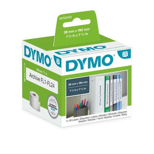 Dymo 99018 38mm x 190mm Small Lever Arch Labels Black on White