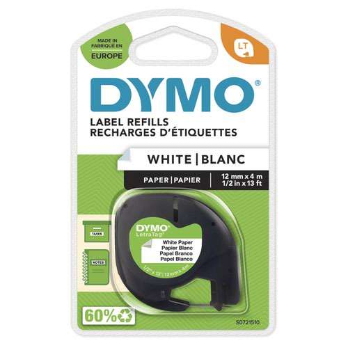 Dymo 91200 12mmx4m Black On White Paper Tape