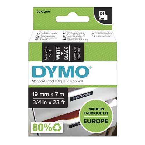 Dymo 45811 19mm x 7m White on Black Tape