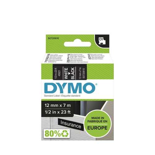 Dymo 45021 D1 12mm x 7m White on Black Tape