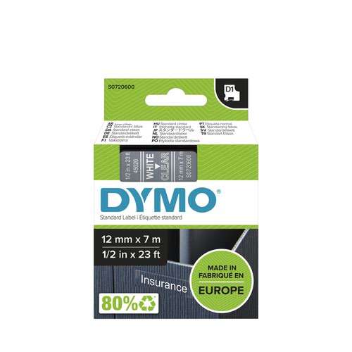 Dymo 45020 D1 12mm x 7m White on Clear Tape