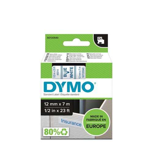 Dymo 45014 D1 12mm x 7m Blue on White Tape