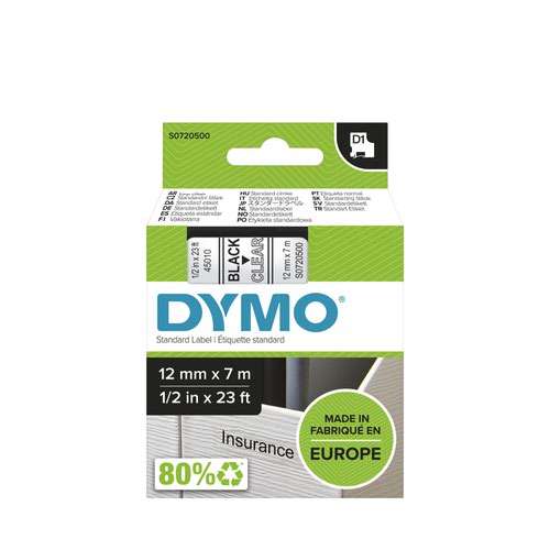 Dymo 45010 D1 12mm x 7m Black on Clear Tape