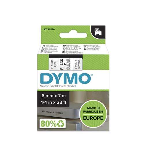 Dymo 43610 D1 6mm x 7m Black on Clear Tape