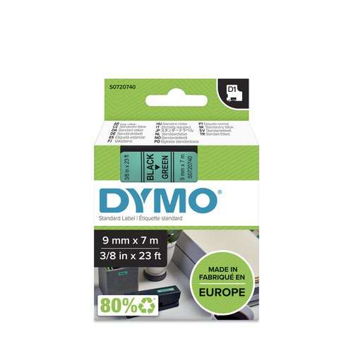 Dymo 40919 D1 9mm x 7m Black on Green Tape
