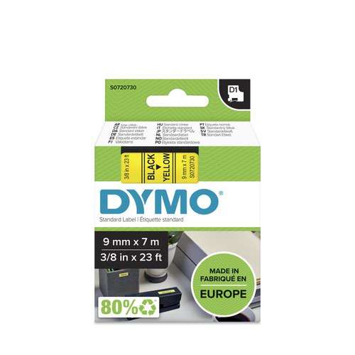 Dymo 40918 D1 9mm x 7m Black on Yellow Tape