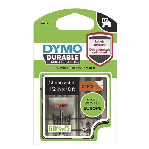 Dymo 1978367 D1 Durable 12mm x 3M Tape Black on Orange