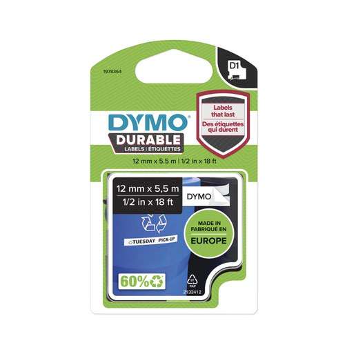 Dymo 1978364 D1 Durable 12mm x 5.5M Tape Black on White