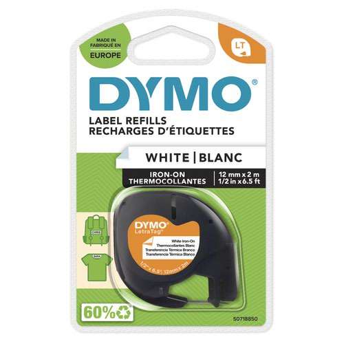 Dymo 18769 12mm x 2m Black on White Iron on Tape
