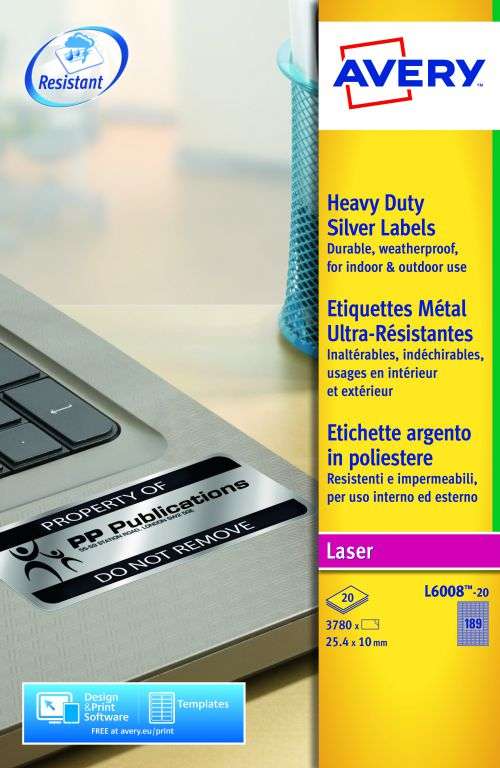 Avery L6008-20 Resistant Labels 20 sheets - 189 Labels per Sheet