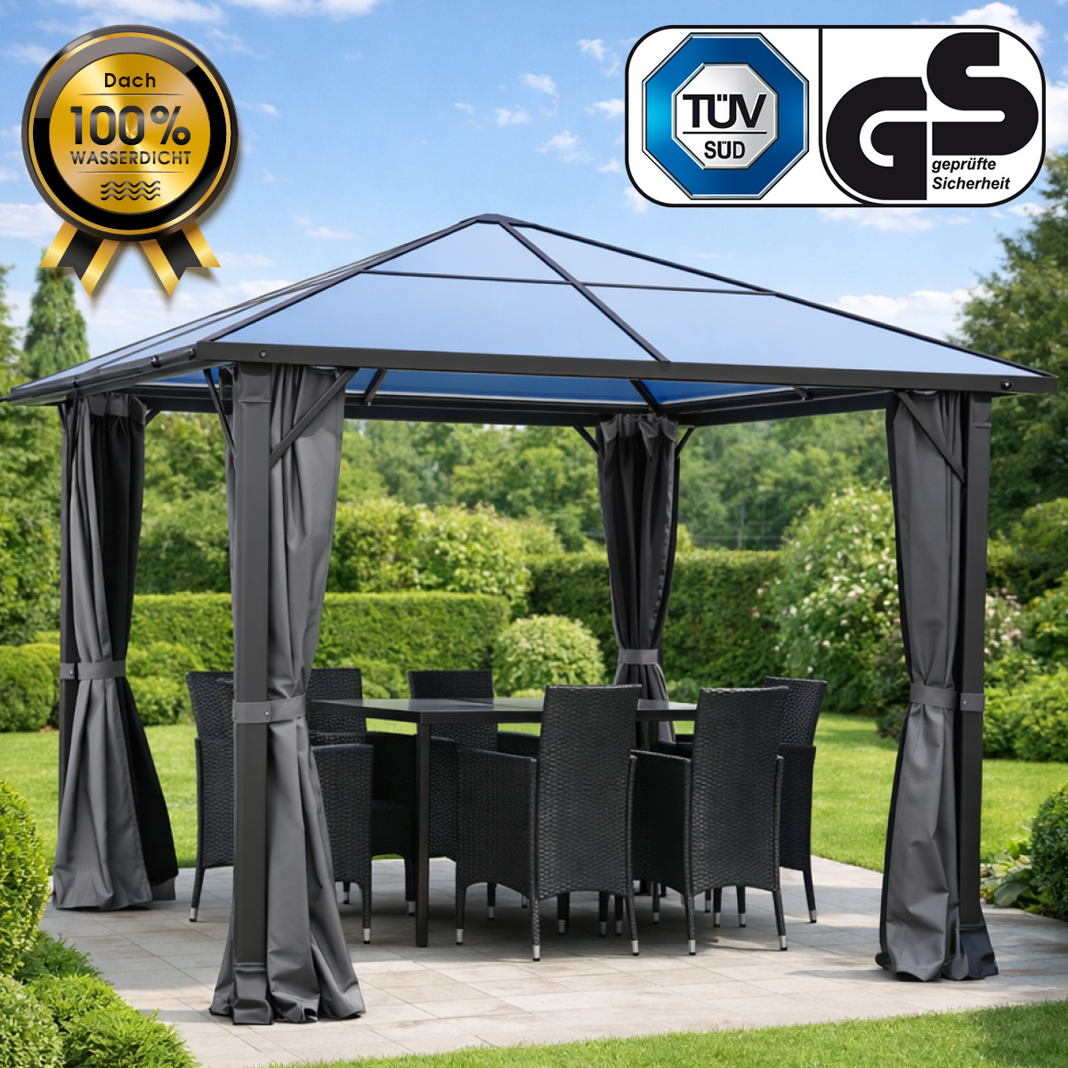 Alu Pavillon PREMIUM mit festem Dach 3x3m grau