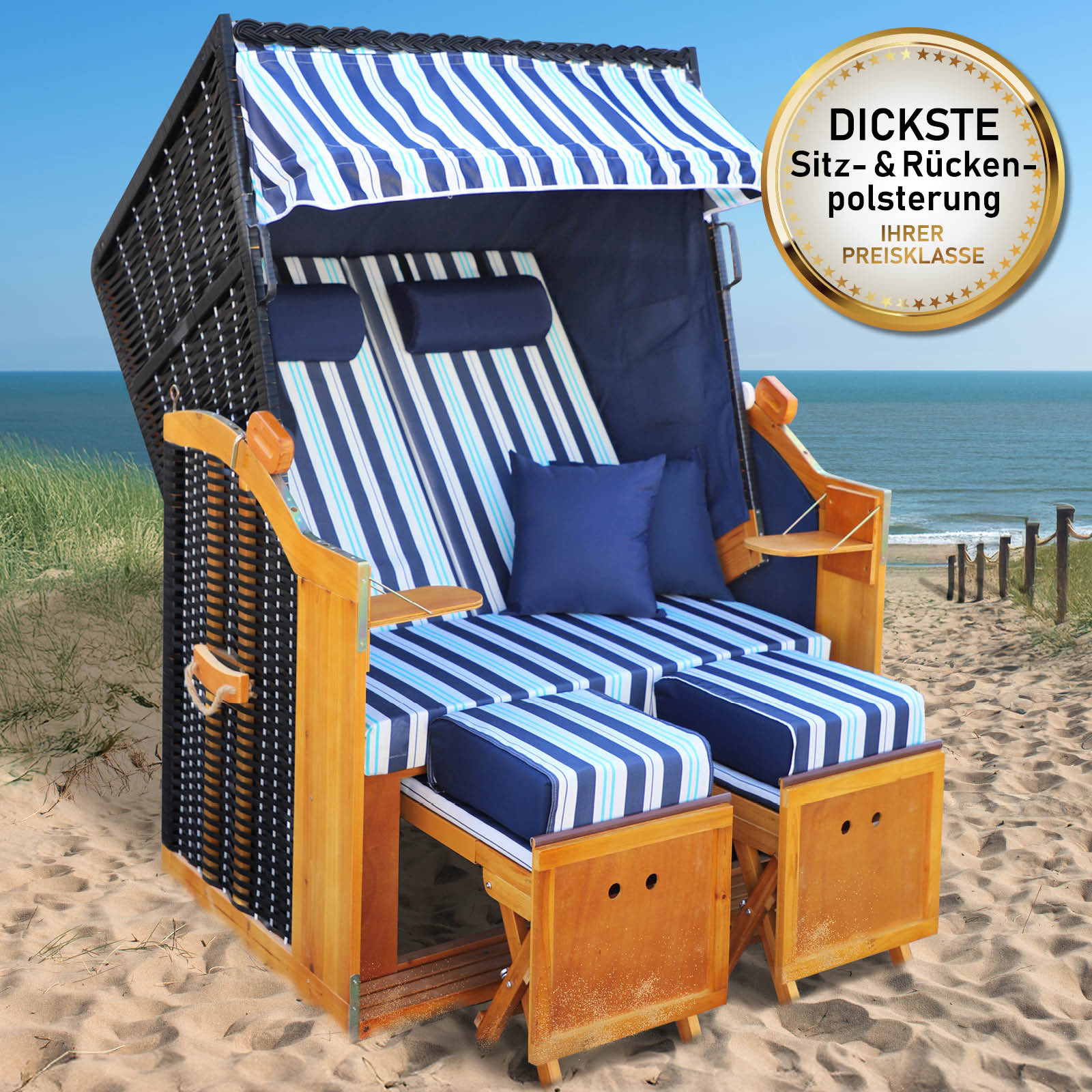 Strandkorb RÜGEN DELUXE blau/hellblau/weiß gestreift | brast24.de