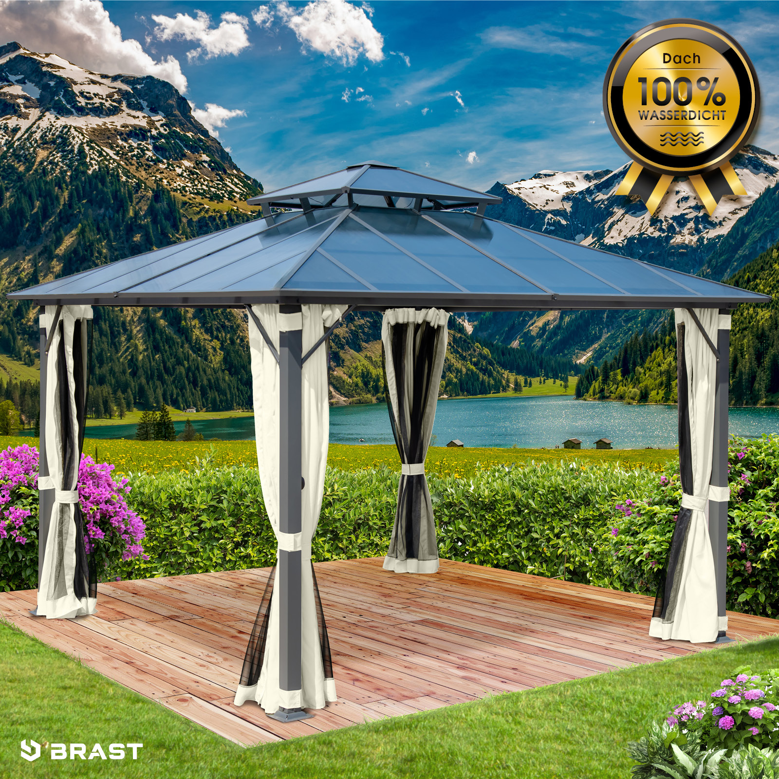 Alu Pavillon PAGODE 3,5x3,5m beige mit Moskitonetz