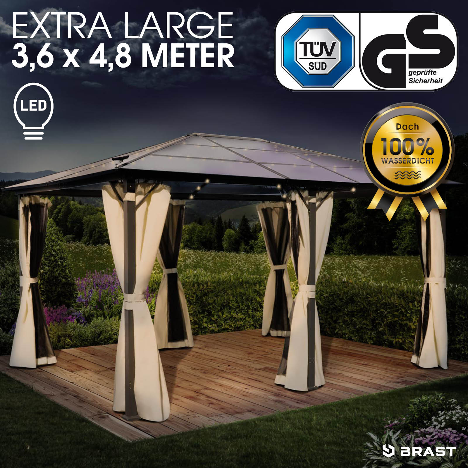 Alu-Pavillon PREMIUM 3,6x4,8m beige inkl. LEDs
