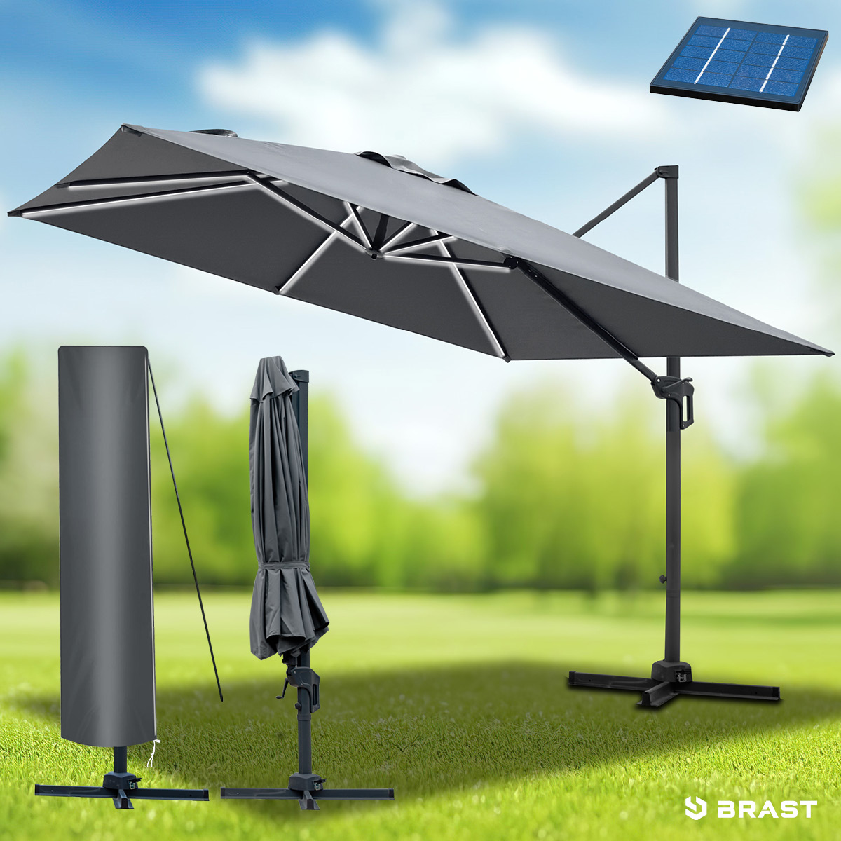 BRAST Cantilever Umbrella Rectangular 3x3m Gray