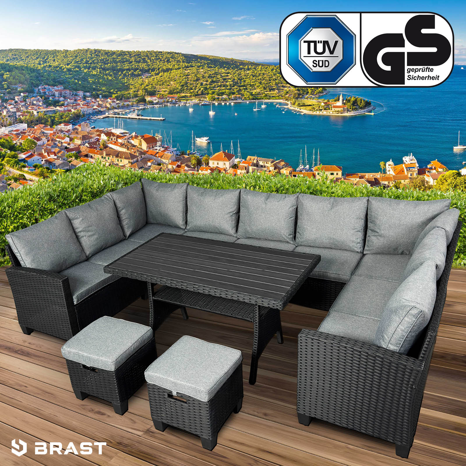Brast Polyrattan Garten Sitzgruppe FAMILY schwarz/grau