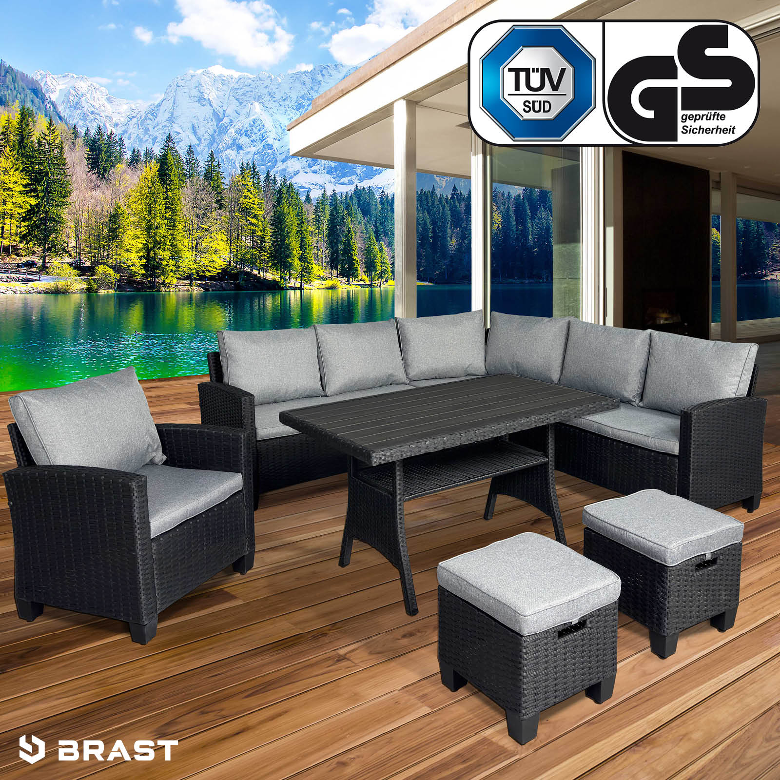 Brast Polyrattan Eck Sitzgruppe HACIENDA schwarz/grau