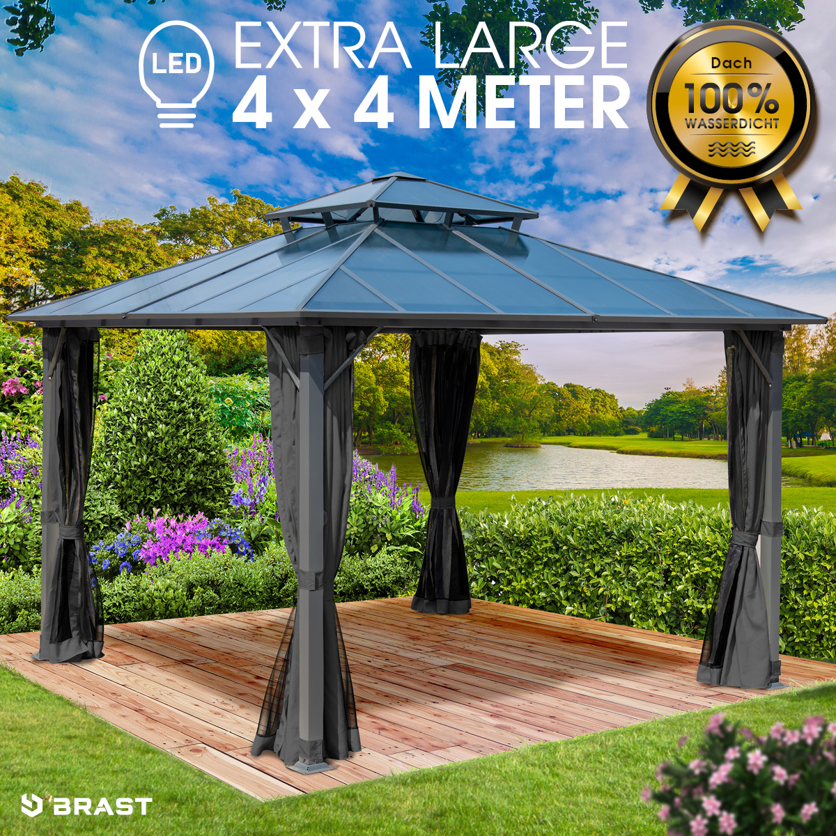 Alu Pavillon PAGODE 4x4m dunkelgrau mit Moskitonetz